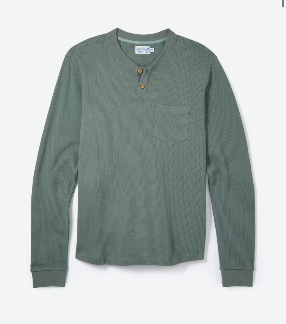 Wellen Men Brosnan Seawool XL Long Sleeve Waffle Henley Shirt Green Coastal EUC